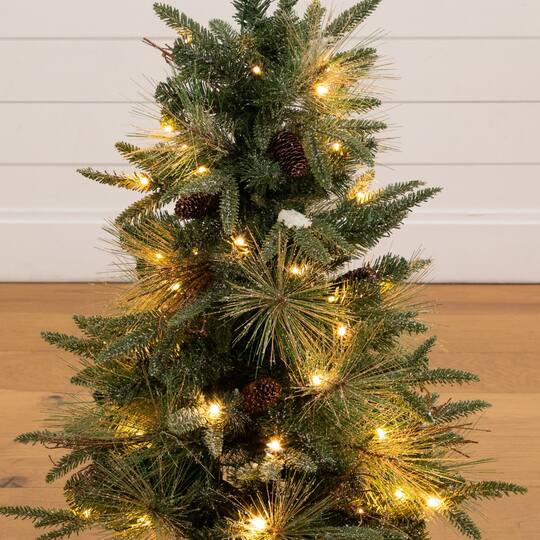 Nearly Natural 3ft. Pre-Lit Artificial Snowed Mixed Pine & Pinecone Christmas Tree in Gold Decorative Planter, Warm White LED lights